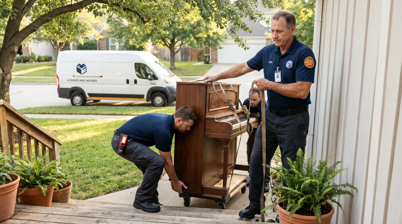 Licensed piano movers securing grand piano in Hastings, MI
