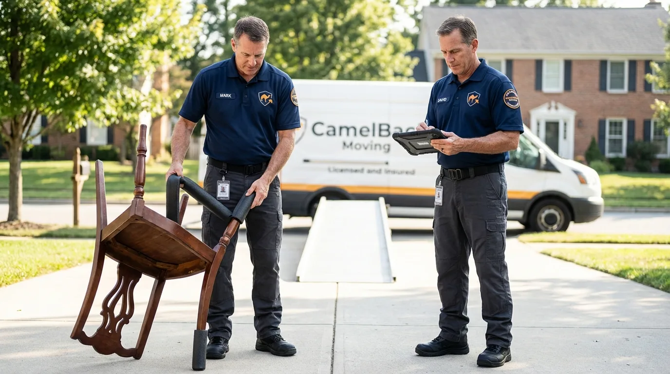 Movers inspecting furniture for damage prevention before loading in Hastings, MI