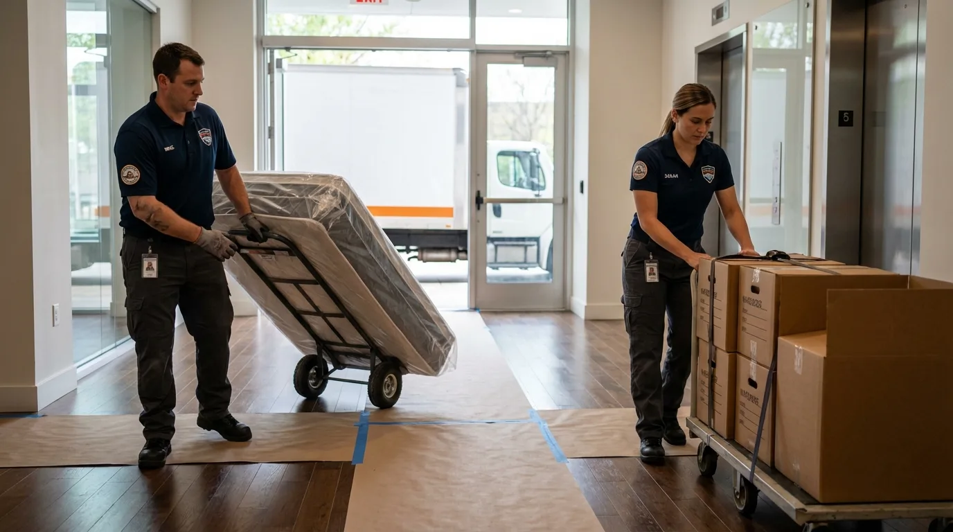 Professional apartment movers loading elevator in Hastings, MI
